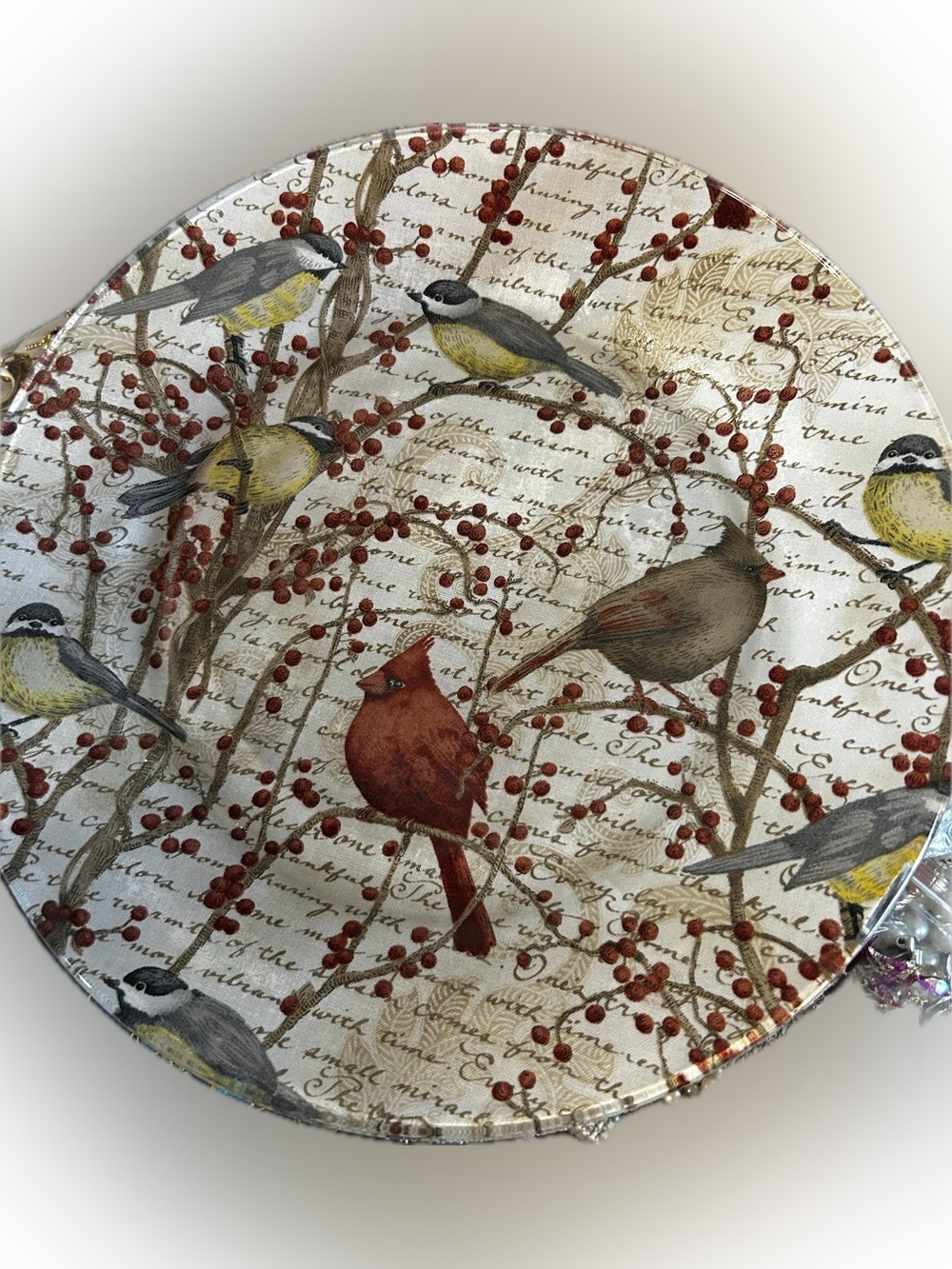Fall Winter Birds Decorative Glass Plate with Cardinal and Chickadee Fabric back